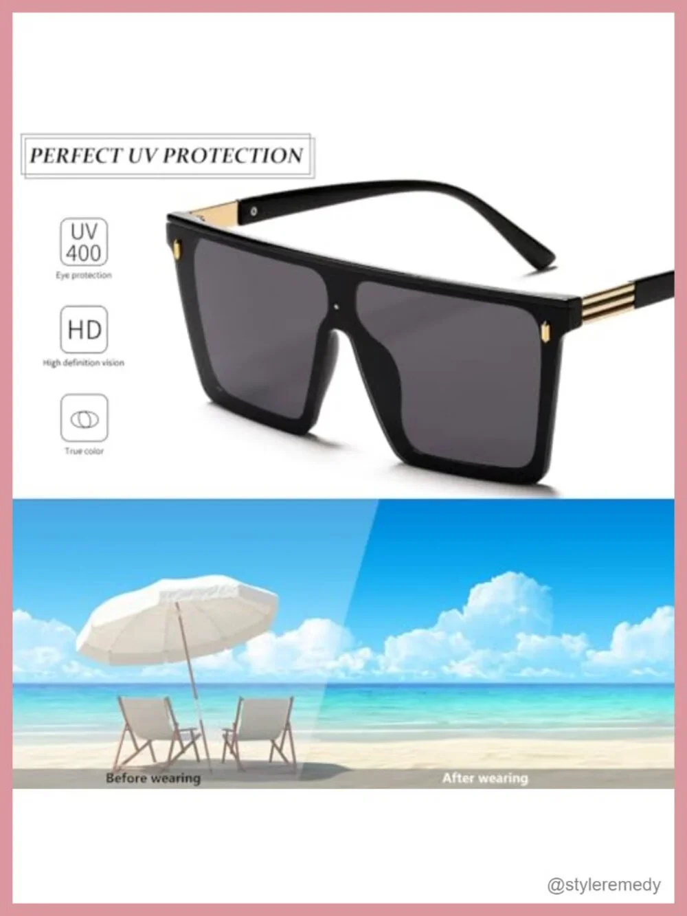Oversized Square Sunglasses Flat Top Trendy UV400 Protection